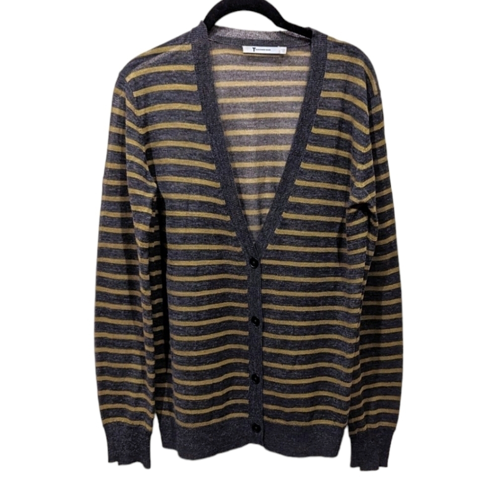 T by Alexander Wang Grey & Yellow Striped Lightweight Cardigan (S)